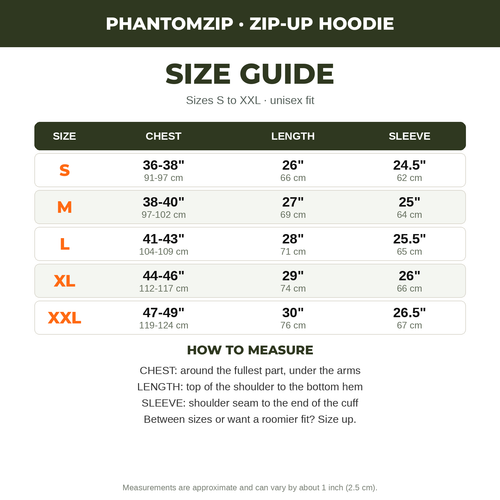 PhantomZip hoodie size chart, sizes S to XXL with chest, length and sleeve measurements