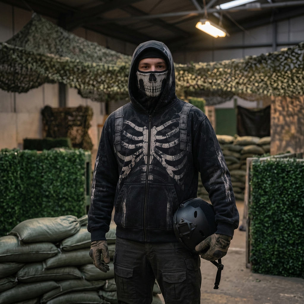 PhantomZip skull ski-mask hoodie worn in an indoor airsoft arena with sandbags and camo netting
