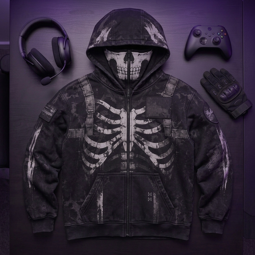 PhantomZip black skull zip-up hoodie flat lay with gaming headset, controller and tactical glove