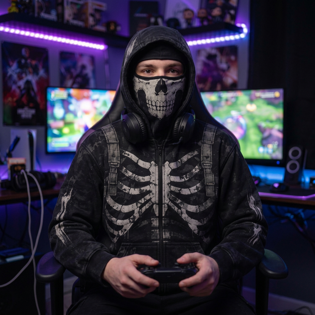 PhantomZip black skull zip-up hoodie with built-in ski mask worn by a gamer in an RGB-lit gaming room