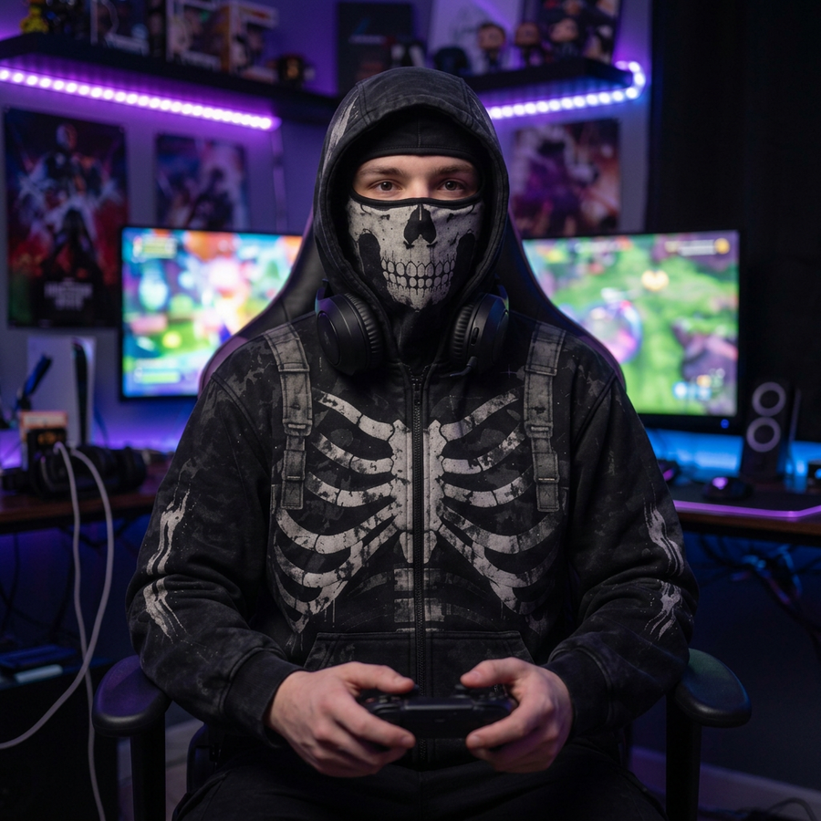 PhantomZip black skull zip-up hoodie with built-in ski mask worn by a gamer in an RGB-lit gaming room