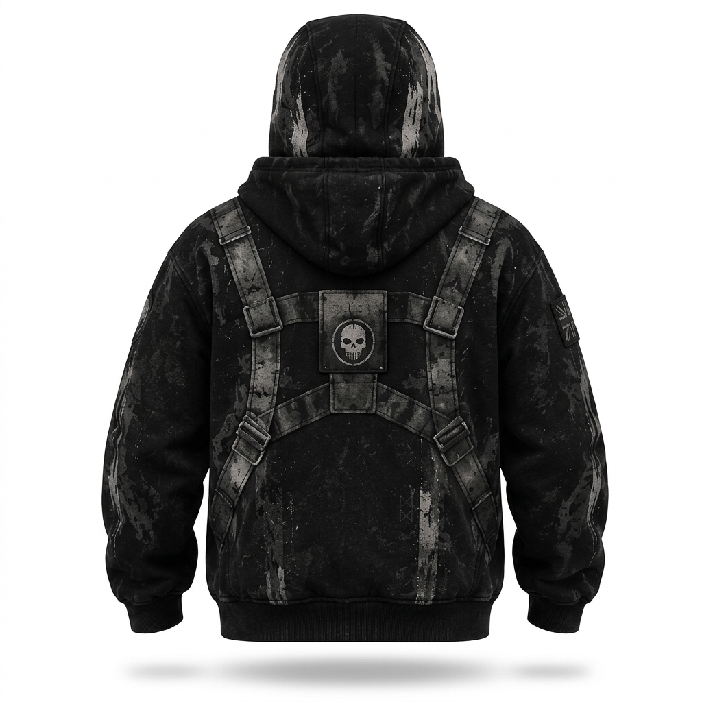 PhantomZip black skull hoodie back view on white background