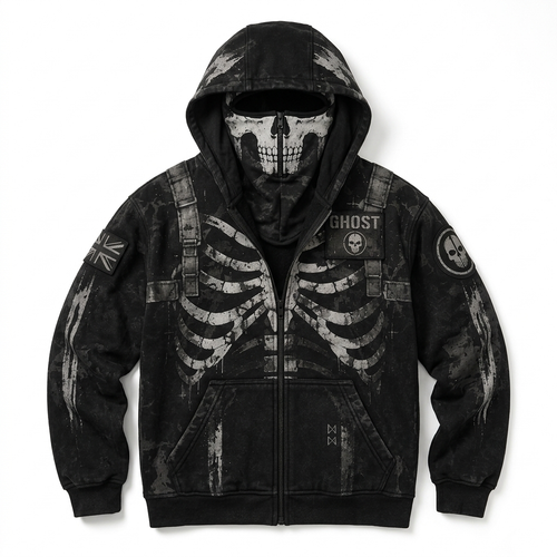 PhantomZip black skull zip-up hoodie with ski mask, three-quarter view on white background